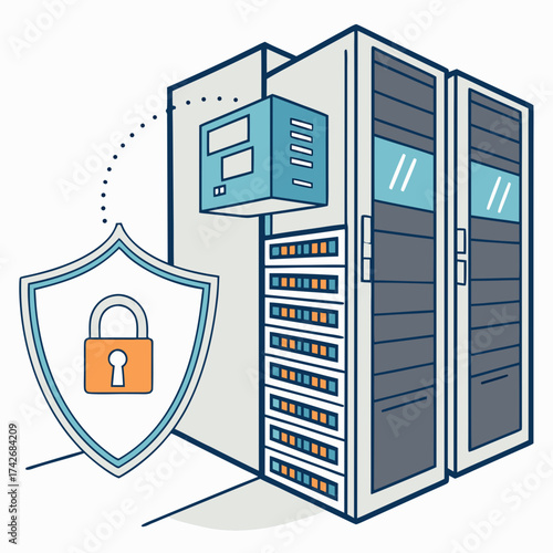 Digital security concept with a protective shield and padlock guarding a server rack and data center equipment