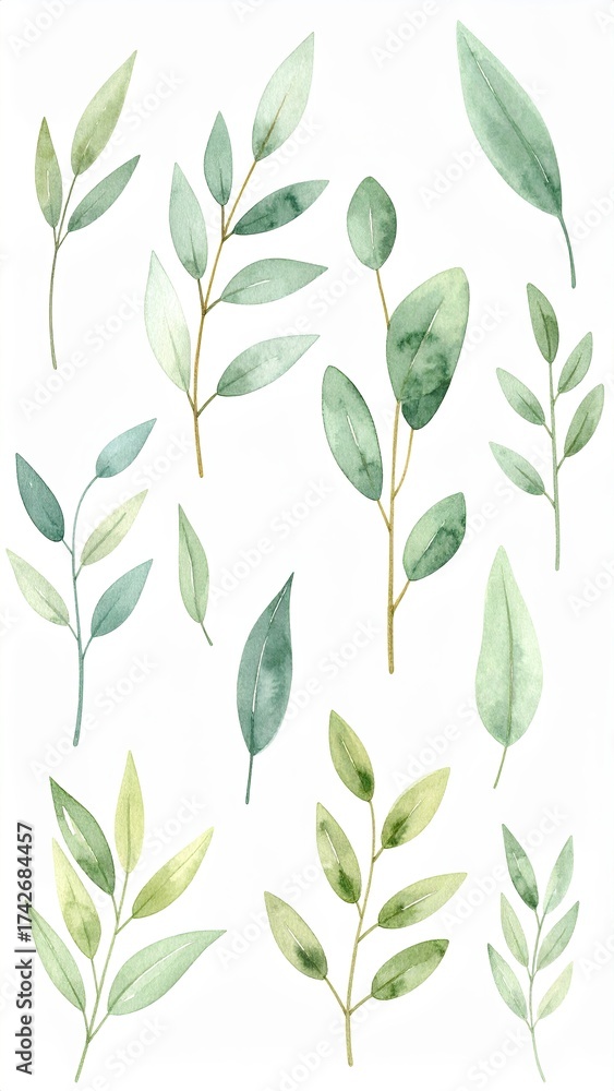 Fototapeta premium Nature Illustration, Green Leaves, Isolated Background, Digital Artwork, Botanical Design, Aesthetic Viewpoint