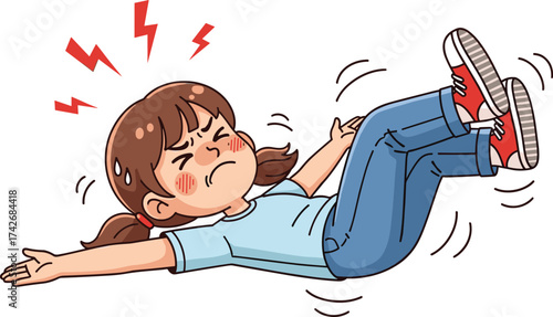Angry little girl throwing tantrum, upset child screaming and kicking, emotional breakdown, frustrated kid lying on floor, cartoon illustration, parenting stress