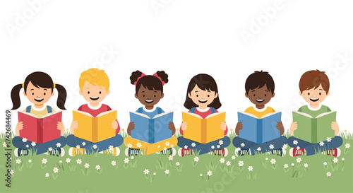 A group of diverse children enjoying reading books together on a grassy field.