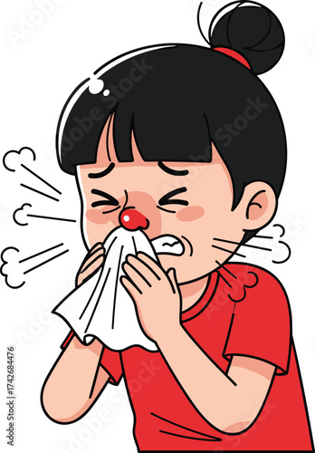 Cartoon girl sneezing into tissue, sick child with cold and runny nose, allergy symptom, flu season health illustration, hygiene awareness