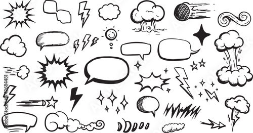 Hand-drawn comic speech bubbles set, explosion effects, and cartoon cloud smoke bursts with expressive lightning, stars, and spark symbols in sketch style illustration. 