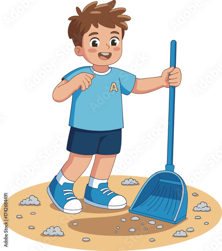 Happy cartoon boy cleaning floor with broom, cheerful child doing household chores, cleanliness education, responsibility illustration, kid helping at home