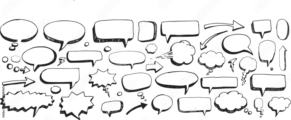Fototapeta premium Collection of hand-drawn comic speech and thought bubbles, explosion shapes, arrows, and cloud forms in various styles with sketched outlines and dynamic strokes.