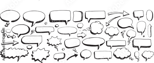 Collection of hand-drawn comic speech and thought bubbles, explosion shapes, arrows, and cloud forms in various styles with sketched outlines and dynamic strokes.