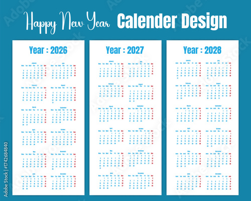 Calendar 2026, 2027, 2028 year. Week starts on Monday. Calendar  for 2027 in classic strict style. Wall, table calendar. Restrained business design for notebook and planner. Vector illustration