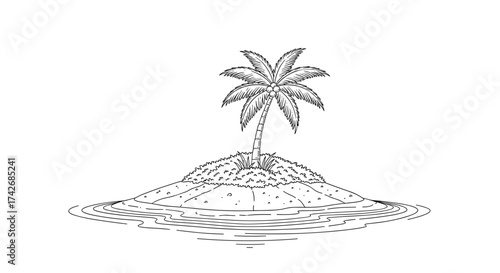 A solitary palm tree stands atop a small island surrounded by water.
