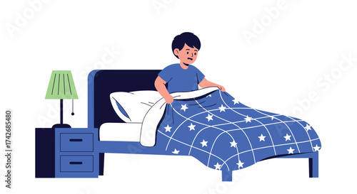 A child is making their bed with a blue star patterned blanket.