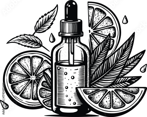 Black and white illustration of a dropper bottle surrounded by citrus slices and leaves essential oil