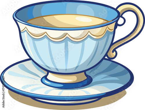 Blue and white porcelain teacup and saucer filled with light brown liquid ceramic