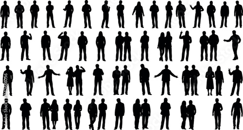 Human silhouette collection, black vector people poses, social interaction and gesture illustration set, standing and greeting figures for design and animation