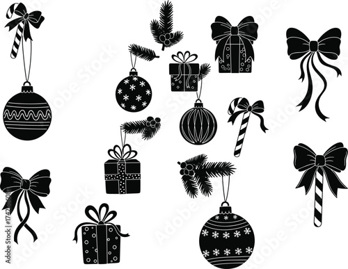 Vector Christmas gifts, bows, candy canes, ornaments, pine branches, festive decorations, black silhouette holiday elements for cards, design, crafts