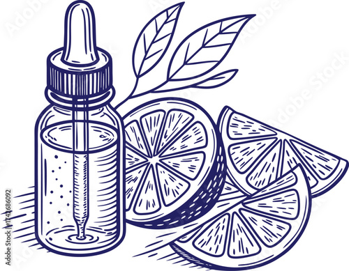 Blue line drawing of a dropper bottle with citrus slices and leaves essential oil orange