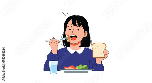 A young girl happily eats her breakfast with a fork and a slice of bread.