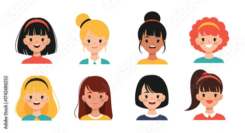 A collection of eight diverse young girls portraits with different hairstyles and skin tones.