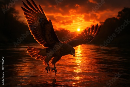 Latvia, Kandava, 2025-08-23, Latvijas kauss A Hawk's Flight Over the Tranquil Waters of Dusk