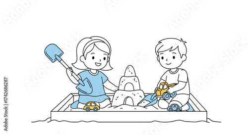 Children playing in a sandbox with toy cars.