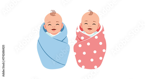 Two cute newborn babies wrapped in blankets side by side.