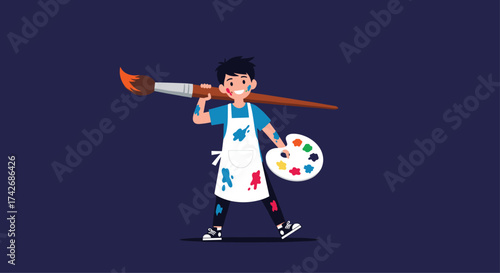 A young artist holding a giant paintbrush and a palette.
