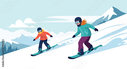 Two people snowboarding down a snowy mountain slope with scenic winter landscape in the background.