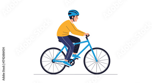 A person wearing a helmet rides a bicycle.