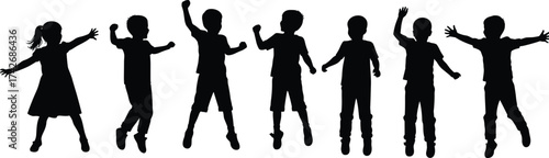 Silhouette vector illustration of happy children jumping and playing together showing joy, freedom, friendship, childhood fun, energy, happiness, and excitement