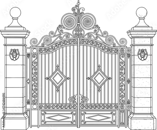 Ornate wrought iron gate, classical entrance design, stone pillar architecture, decorative lion ornament, symmetrical gate illustration, elegant estate entrance graphic