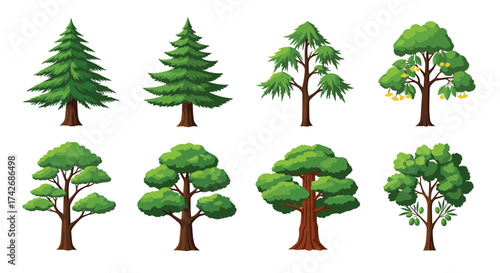 A collection of pixel art deciduous and coniferous trees.
