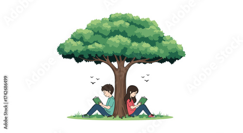 A couple reading books under a large green tree on a sunny day.