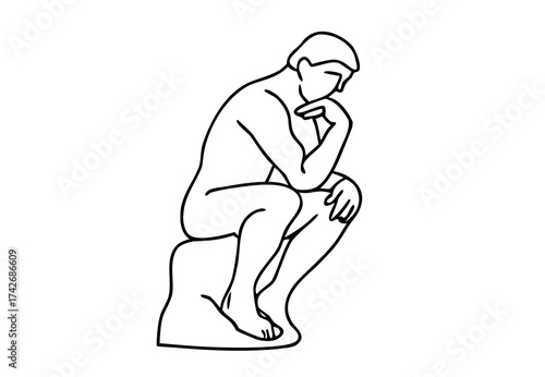 Minimal line art thinker illustration. Abstract thinker sculpture sketch in black and white, classical thinker statue outline, modern minimal design for poster, decor and gallery art