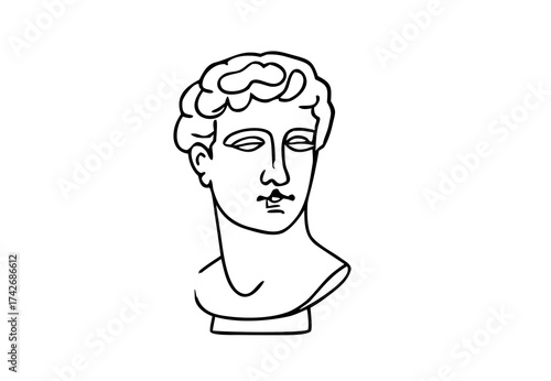 Line art bust illustration in minimal style. Classical bust sketch of antique sculpture with abstract outline, bust portrait design in black and white for poster, decor and gallery art