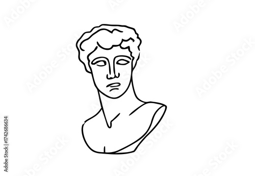 Line art david bust illustration. Minimal outline portrait of david sculpture in black and white, abstract david statue sketch, classical renaissance design for poster and decorative art
