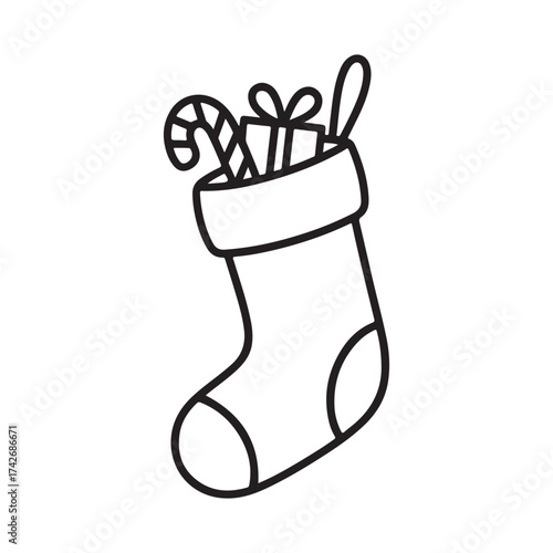 Traditional christmas stocking filled with gifts candy canes and presents festive holiday icon isolated on white background