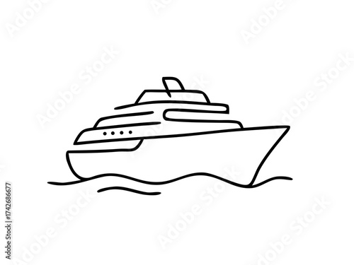 Cruise ship vector illustration in line art style. Simple ship drawing shows luxury cruise vessel on water, perfect for travel, vacation, marine, tourism, ocean and transportation design