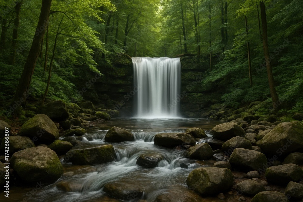 Obraz premium Latvia, Kandava, 2025-08-23, Latvijas kauss A Serene Forest Waterfall in the Heart of Nature