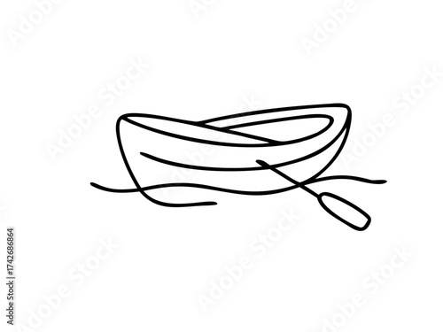 Rowboat vector illustration with oar on water. This simple boat drawing shows a rowboat in minimal line art style. Perfect for travel, fishing, river, lake and outdoor recreation designs
