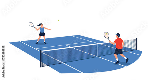 Two people playing tennis on a blue court.