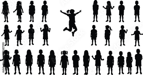 Silhouette vector illustration of happy children standing and jumping together showing friendship, teamwork, communication, and joyful childhood outdoor activity design