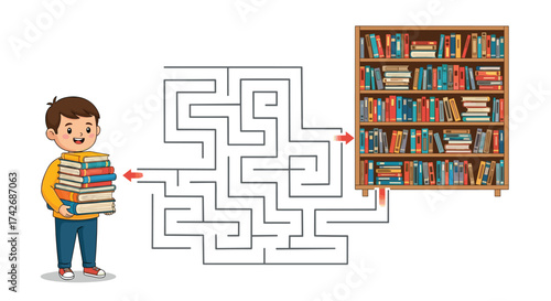 A young boy with a stack of books navigates a maze to reach a bookshelf.