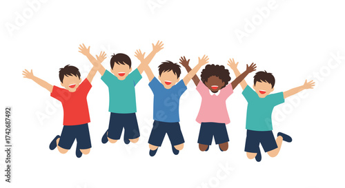 A group of happy diverse children jumping in the air.