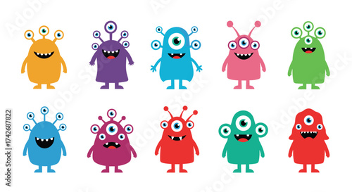 A collection of ten colorful, cartoonish monsters with multiple eyes and smiles.