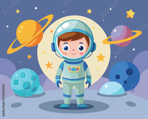 Cute Cartoon Astronaut Floating in Space with Planets and Stars.