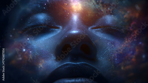 Calm Face with Glowing Third Eye – Abstract Cosmic Awareness