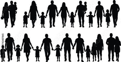 Silhouette vector illustration of happy families walking together holding hands representing love, unity, relationship, parenting, bonding, and togetherness concept