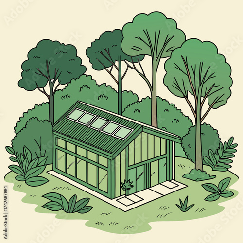 A green house nestled in a lush forest with trees and plants, showcasing sustainable living and ecofriendly design, blending seamlessly with nature and promoting a harmonious lifestyle
