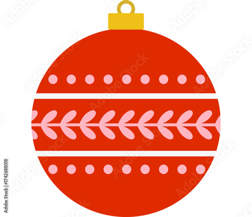 Christmas round hanging ball with leaves pattern flat vector illustration.
Hanging Christmas ornament.
Transparent background.