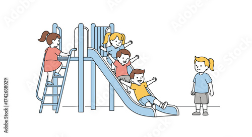 Children happily sliding down a playground slide together.