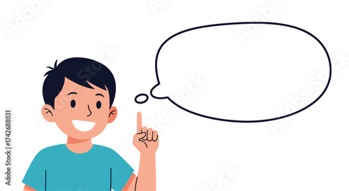 A young boy with dark hair wearing a blue t shirt pointing up with his index finger with a speech bubble above his head.