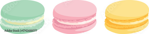 Three colorful macarons in a row: mint green, pink, and yellow.