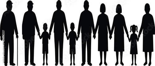 Silhouette vector illustration of multigenerational family holding hands together showing grandparents, parents, and children unity on white background